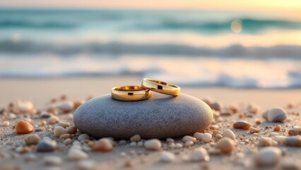 Golden wedding rings placed on a smooth stone by the seaside with soft sunset light and blurred ocean waves, symbolizing love, commitment, romance, and destination weddings