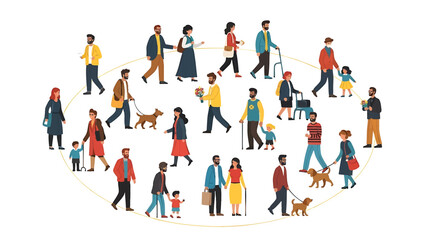 Diverse group of people in everyday life walking around together nicely presented