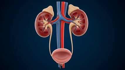 Ultra realistic 3D medical illustration of the human renal system isolated from the body, showing both kidneys with detailed renal arteries, veins, and ureters connected to the bladder. Accurate anato