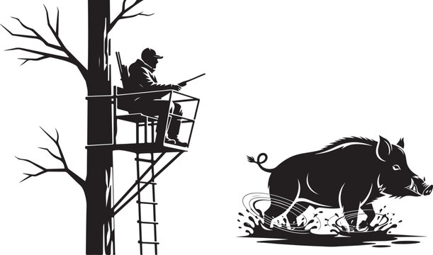 Silhouette shows a hunter in a tree stand aiming at a wild boar