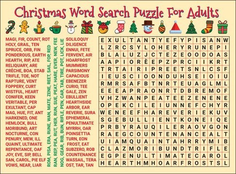 Challenging Christmas Word Search Puzzle for Adults and Seniors Vector. Difficult level Holiday Brain Teaser Game. Printable Winter Activity Sheet for Xmas Parties, Leisure and Pastime.