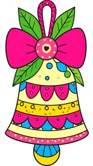 A festive, colorful bell ornament with a large pink bow, green leaves, and decorative polka dots. It features a loop for hanging and various vibrant patterns