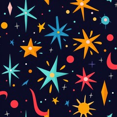 Colorful star shapes and celestial elements scattered evenly on a dark blue background creating a playful and whimsical space-themed pattern