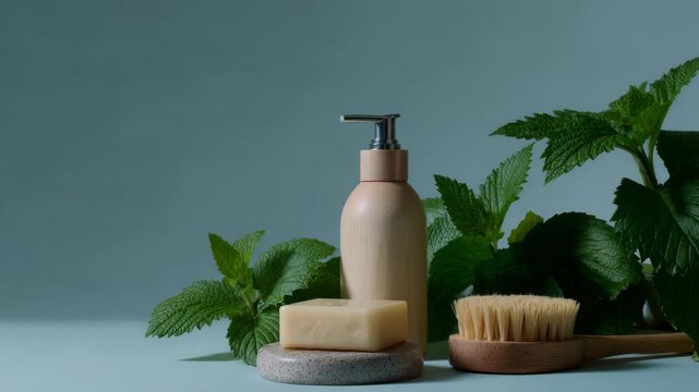 Elegant natural skincare products with green herbal leaves and wooden accessories