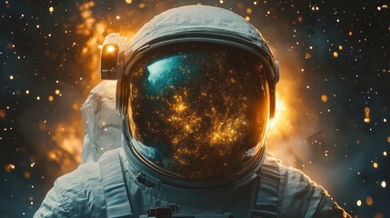 Astronaut in full space suit with reflective visor showing stars and cosmic light surrounded by glowing sparks and fiery background