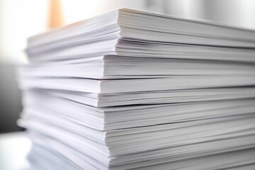 large neat stack of crisp white office paper close-up conveying calm organized productivity