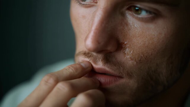 Close-up of thoughtful young man with moisture on face and fingers near lips