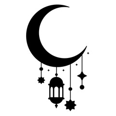 Elegant black silhouette of a crescent moon adorned with hanging Arabic lantern and geometric stars, perfect for creating spiritual greeting cards, website banners, and Islamic event posters.