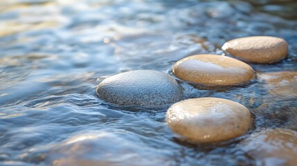 Smooth river rocks in shallow water with gentle ripples on surface