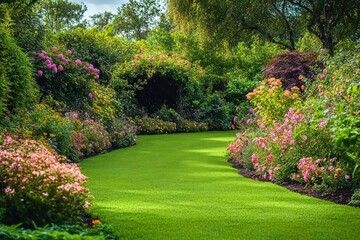 winding sunlit garden path with manicured green lawn, lush flowering bushes, arching foliage and tranquil, inviting atmosphere