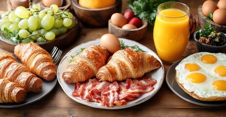 morning breakfast spread with flaky croissants, crispy bacon, sunny-side-up eggs, glass of orange juice, green grapes, strawberries, whole eggs and jam on a rustic wooden table, warm and inviting