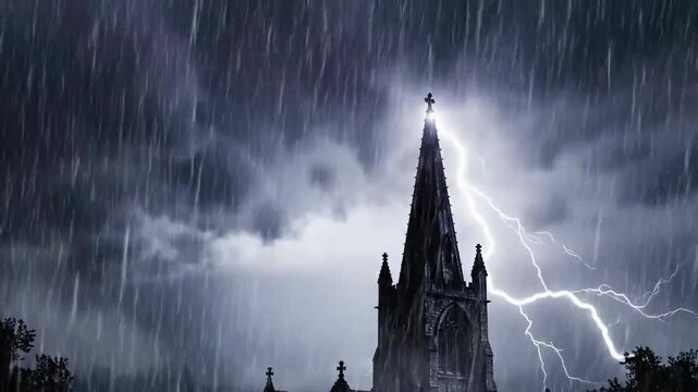 Dramatic Church Steeple Struck by Lightning During A Thunderous Storm in Dark Sky