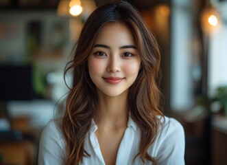 Fototapeta premium Young professional woman with long wavy brown hair in a white blouse in a warm cozy office setting, calm and confident demeanor