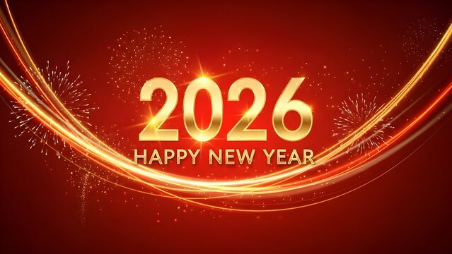 Vibrant New Year 2026 celebration with golden fireworks, light trails, and festive red background.
