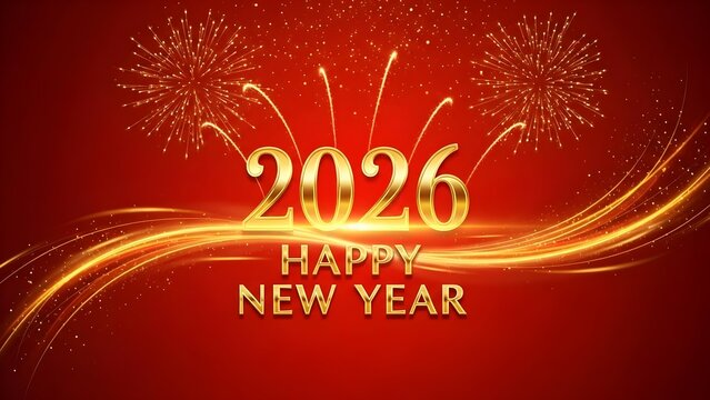Golden 2026 Happy New Year celebration with vibrant fireworks and elegant festive design.