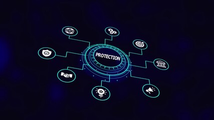 Business protection and security strategy concept with digital shield icons, risk management system, data safety framework, and technology defense network.