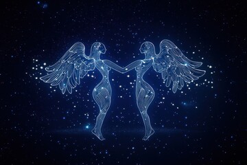 Two luminous winged figures facing each other and holding hands in glowing line-art against a deep starry night sky, evoking serene unity and celestial harmony