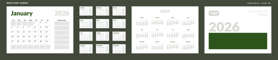 2026 Calendar Planner Set of Template grid Monthly Page with Note, Cover with Place for Photo, Company Logo, Annual. Vector layout of wall or desk organizer with week start Sunday ready print. Page A4