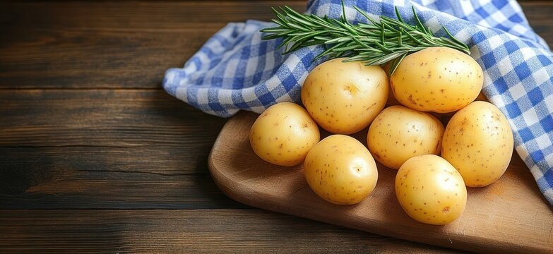 small yellow potatoes on a wooden cutting board with rosemary and a blue checkered cloth on a rustic table, fresh and cozy