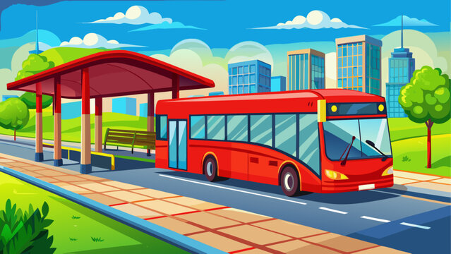 Red city bus, urban transportation, vector illustration, bus stop, cityscape background