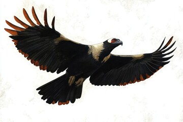 Fototapeta premium majestic black raptor with cream collar and red eye soaring with outstretched wings, red-tipped feathers and tucked talons against a pale textured sky
