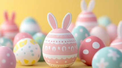 Colorful easter eggs with bunny ears on yellow background