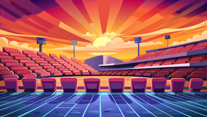 Empty stadium seating sits beneath a blue sky and solar roof architecture, featuring abstract wooden floor details and green sport field accents under a cloudscape with nobody in sight © ruposhi