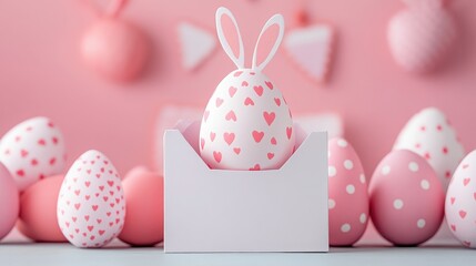 Pink easter eggs in a white box on a pink background with bunny ears