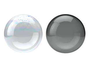 Two spheres, one iridescent and bubbly, the other dark and reflective