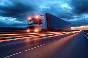 Large semi truck speeding along empty highway at dusk with glowing light trails and dramatic stormy sky conveying motion, urgency and power