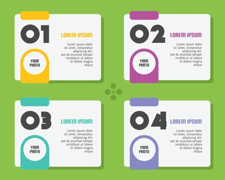 A modern infographic layout with four colorful profile cards, numbered sections, photo placeholders, and clean typography on a green background, ideal for team introductions or step-based presentation