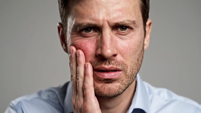 Dramatic Close Up Of A Man Experiencing Pain And Holding His Cheek