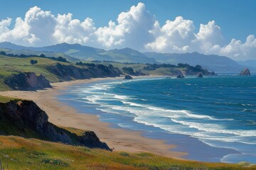 serene coastal landscape with sandy beach, rolling waves, grassy cliffs and headlands, distant green hills and mountains under billowing cumulus clouds