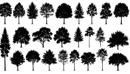 A collection of various tree silhouettes, depicting different foliage types and forms in black against a white background