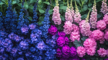 Vibrant blue, purple, and pink delphinium flowers in a garden setting