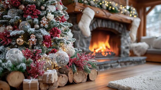 Warm Winter Holiday Moments by the Christmas Tree and Fireplace