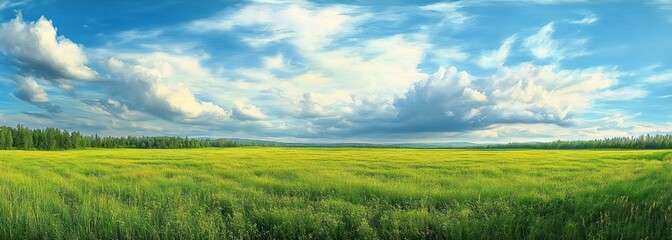 Vast sunlit green meadow under an expansive blue sky with billowing white clouds and a distant treeline, evoking calm and freedom