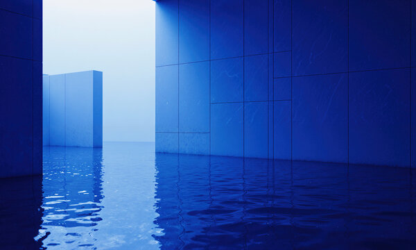 Oceanic Blue Cove - Deep ultramarine cyc, diffused top light, light ripples projected gently, reflective wet-look floor, palette intense blue