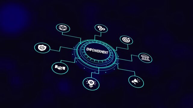 Digital business empowerment concept with connected strategy icons, leadership enablement system, performance analytics, and modern technology network.