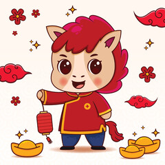 Cute Cartoon Horse Celebrating Chinese New Year with Lantern and Gold Ingots