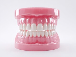 Obraz premium Realistic Dental Model Showing Upper and Lower Teeth with Pink Gums and White Background