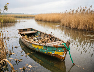 Obraz premium Old Wooden Boat in a Golden Reed Marsh under Cloudy Sky
