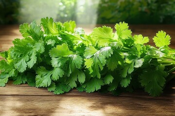 Fresh green cilantro leaves bunch on wooden surface with natural sunlight and blurred garden background
