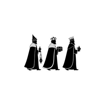 Three kings in silhouette carrying gifts of gold frankincense and myrrh isolated on transparent background