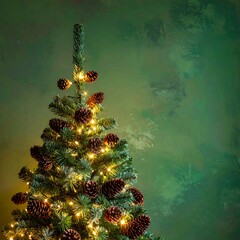 A festive tree adorned with pinecones and twinkling lights, set against a painterly green background
