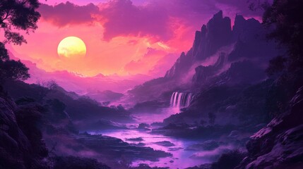 A serene landscape with a waterfall and a full moon in the purple sky