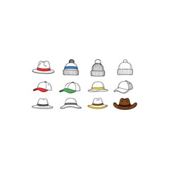 Fototapeta premium A collection of various types of hats including caps, beanies, fedoras, and cowboy hat isolated on transparent background
