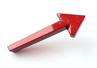 glossy worn red three-dimensional arrow pointing upward and to the right on white background conveying progress and momentum