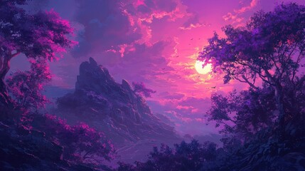 Vibrant purple sunset in a misty mountain landscape with trees