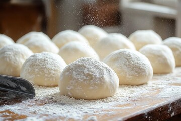 flour-dusted dough balls on wooden board with falling flour and metal bench scraper, cozy homemade bread preparation and anticipation